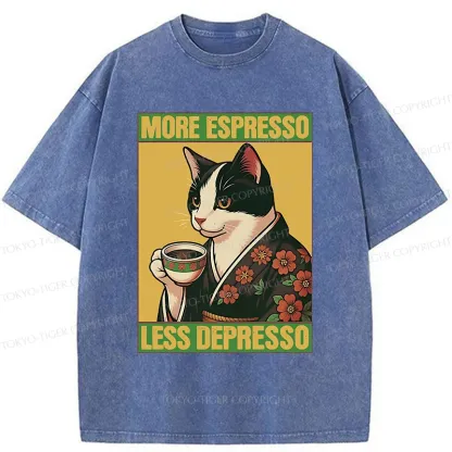 Tokyo-Tiger Tuxedo Cat Drinking Coffee Washed T-Shirt