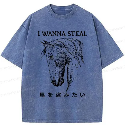 Tokyo-Tiger Funny Horse Washed T-Shirt