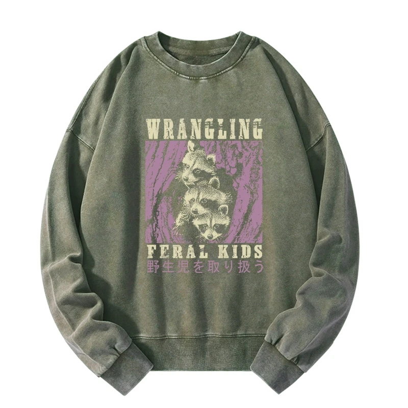 Tokyo-Tiger Wrangling Feral Raccoon Kids Washed Sweatshirt