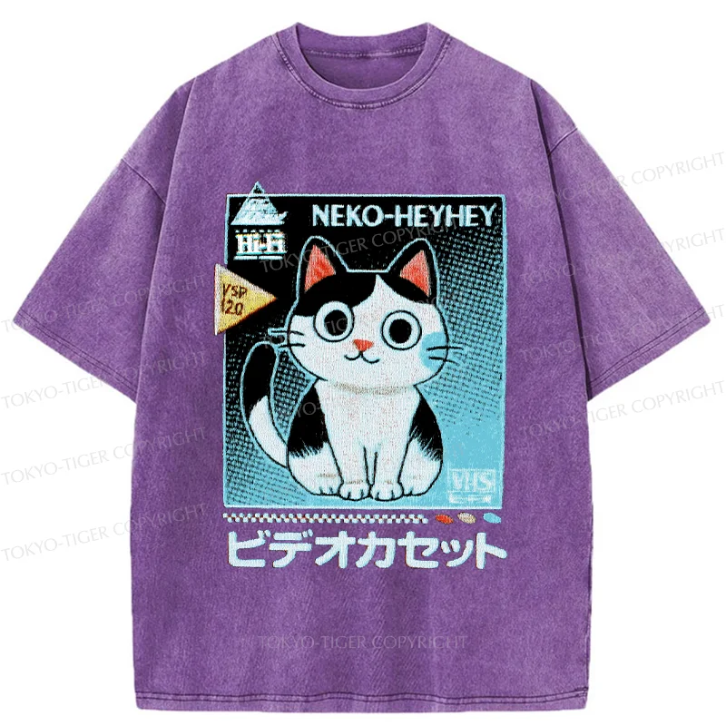 Tokyo-Tiger Retro Cat Videos Washed T-Shirt