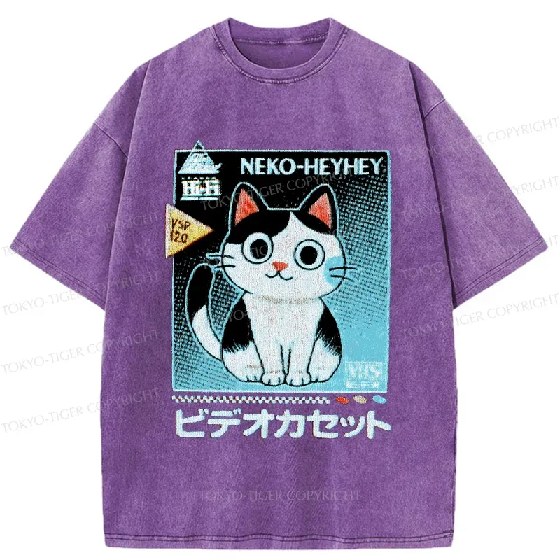 Tokyo-Tiger Retro Cat Videos Washed T-Shirt Sale