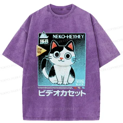 Tokyo-Tiger Retro Cat Videos Washed T-Shirt