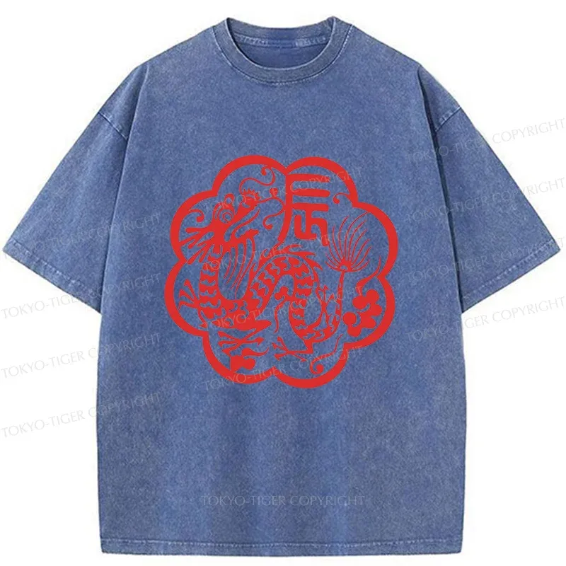 Tokyo-Tiger Dragon Paper Cutting Washed T-Shirt