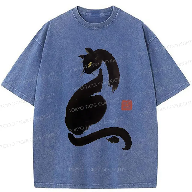 Tokyo-Tiger Elegant Black Cat Washed T-Shirt