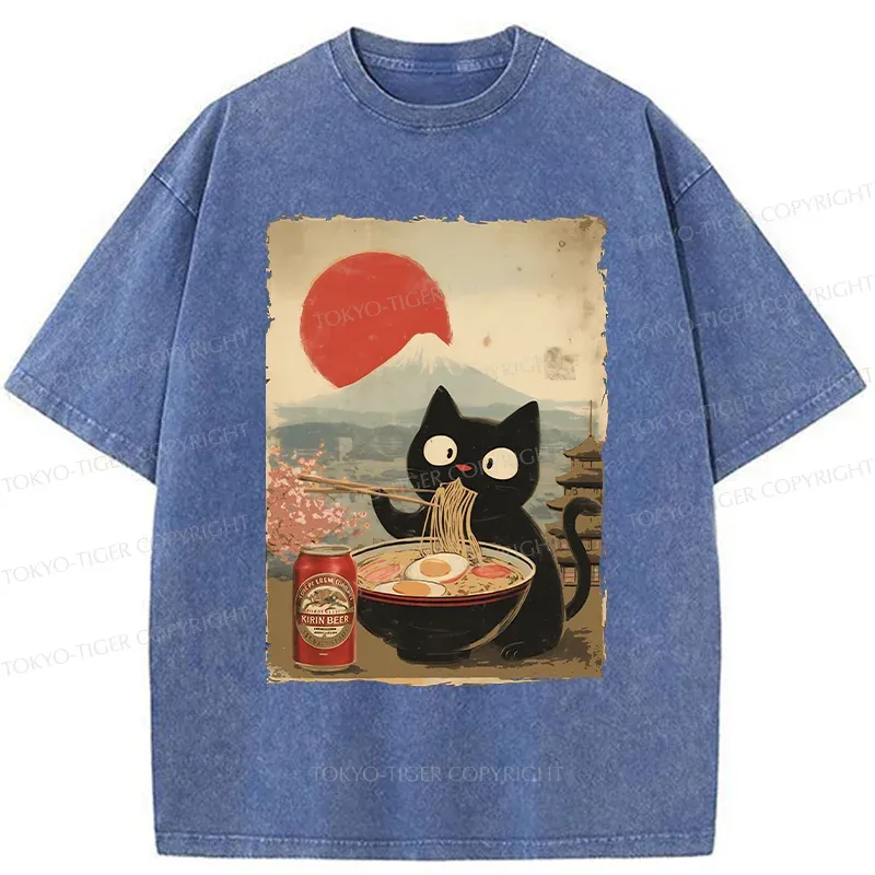 Tokyo-Tiger Cat Eating Ramen And Drinking Beer Washed T-Shirt