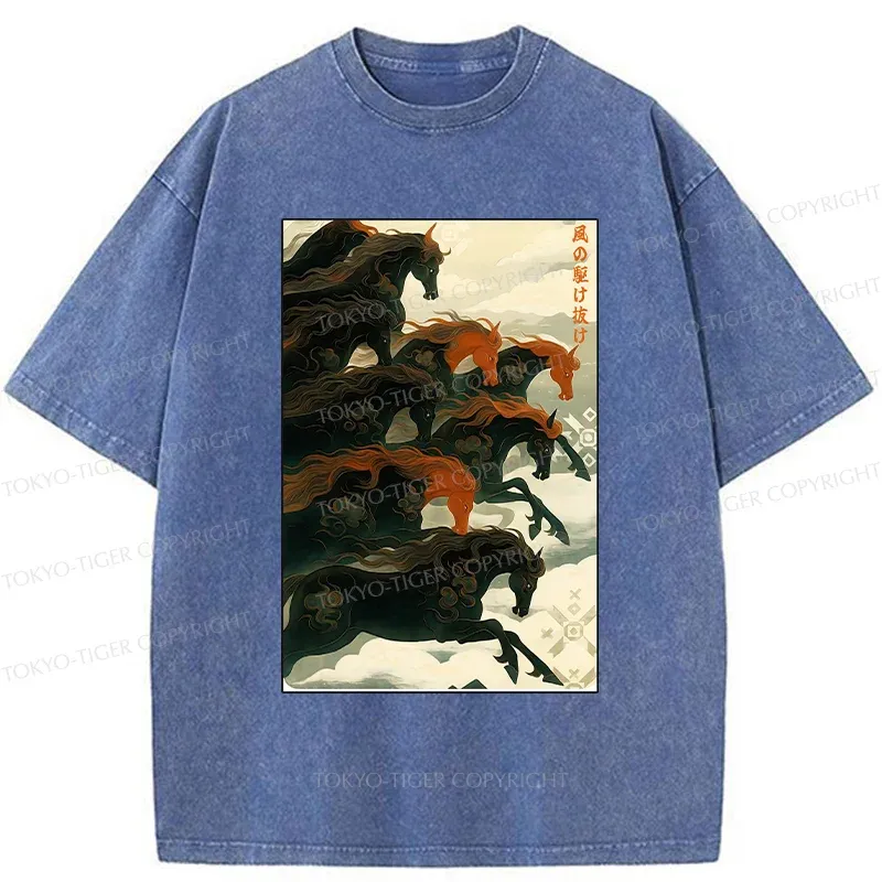 Tokyo-Tiger Galloping Horses Washed T-Shirt