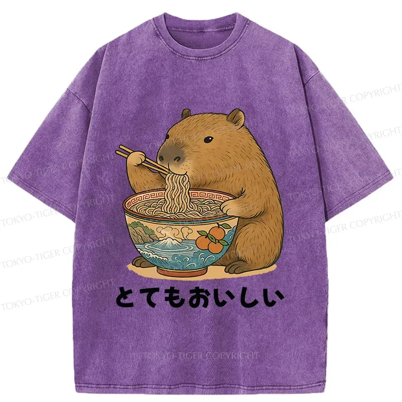 Tokyo-Tiger Capybara Eating Ramen Japan Washed T-Shirt