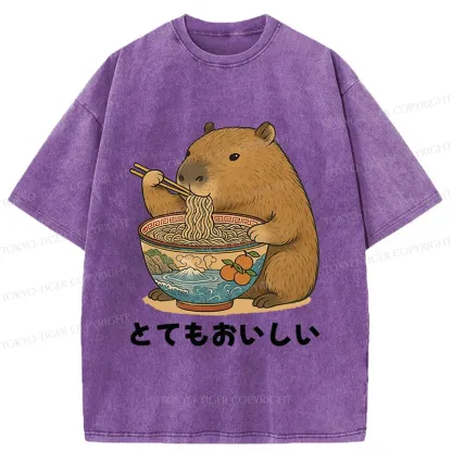 Tokyo-Tiger Capybara Eating Ramen Japan Washed T-Shirt