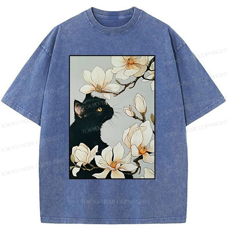 Tokyo-Tiger Cat Under Magnolia Blossoms Washed T-Shirt