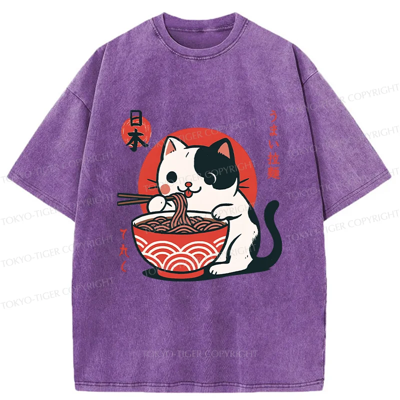 Tokyo-Tiger Cute Kitten Eating Ramen Washed T-Shirt