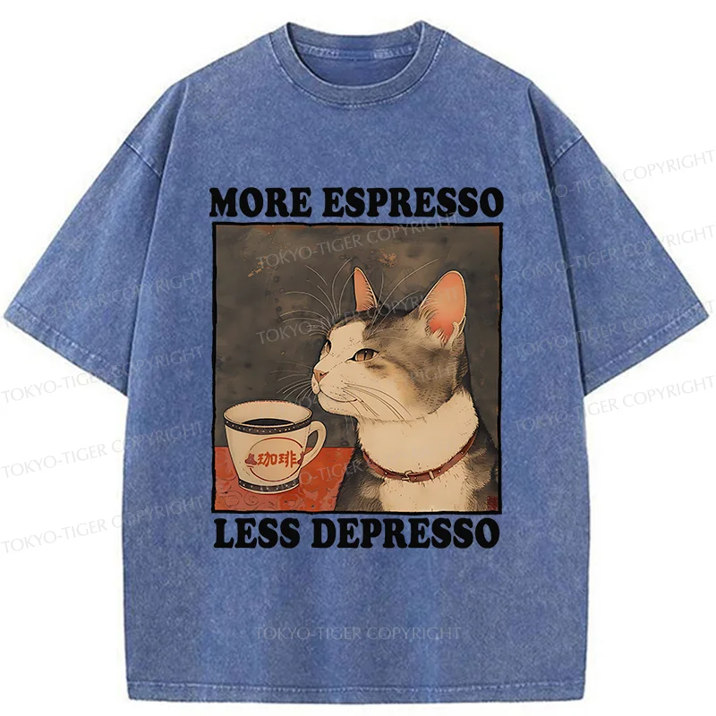 Tokyo-Tiger Cute Cat Drinking Coffee Washed T-Shirt