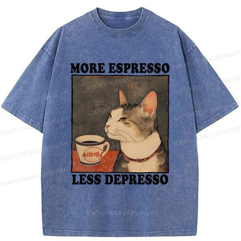 Tokyo-Tiger Cute Cat Drinking Coffee Washed T-Shirt
