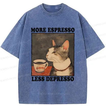 Tokyo-Tiger Cute Cat Drinking Coffee Washed T-Shirt