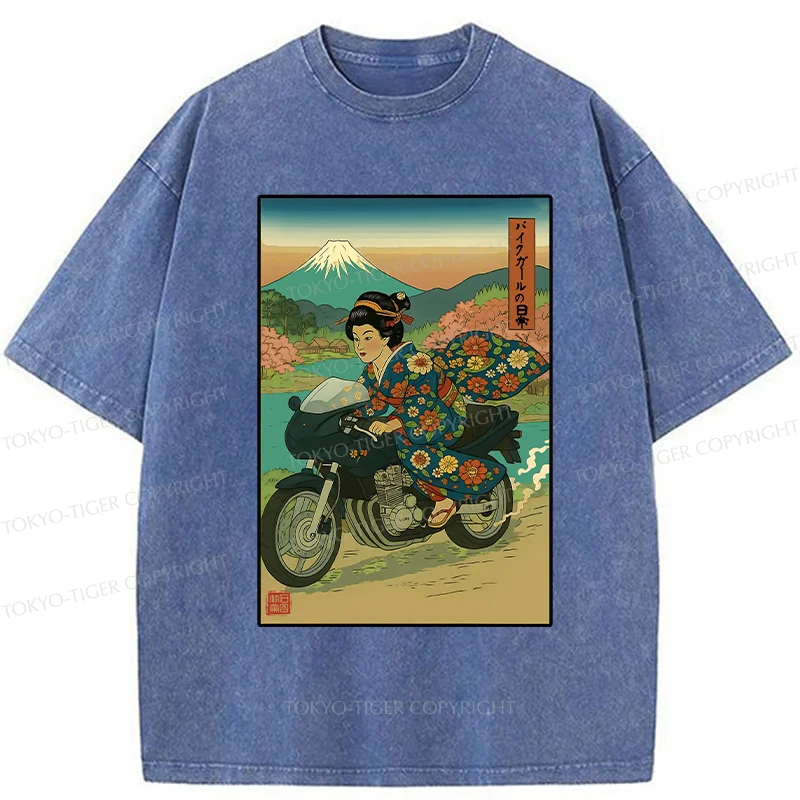 Tokyo-Tiger Geisha Riding A Motorcycle Washed T-Shirt