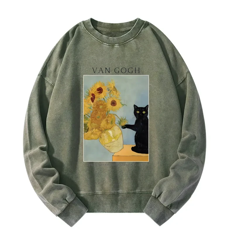Tokyo-Tiger Black Cat With Sunflowers Washed Sweatshirt