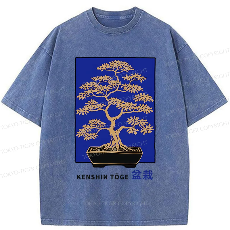 Tokyo-Tiger Japanese Bonsai Woodcut Washed T-Shirt