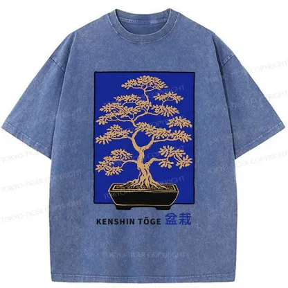 Tokyo-Tiger Japanese Bonsai Woodcut Washed T-Shirt