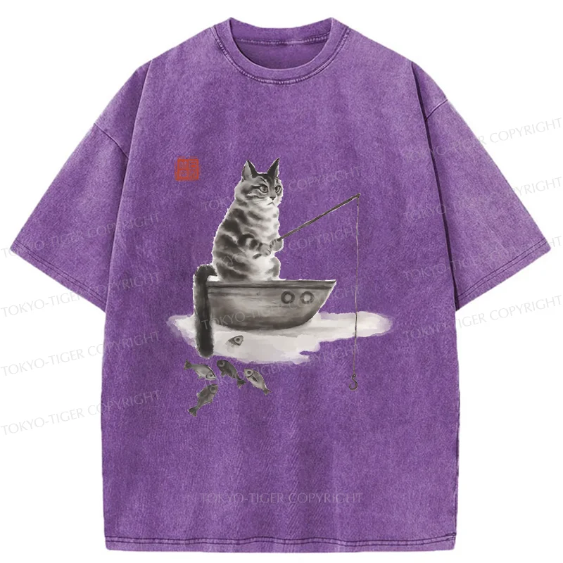 Tokyo-Tiger Cat Fishing Washed T-Shirt