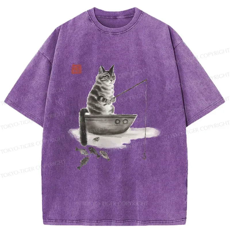Tokyo-Tiger Cat Fishing Washed T-Shirt Sale