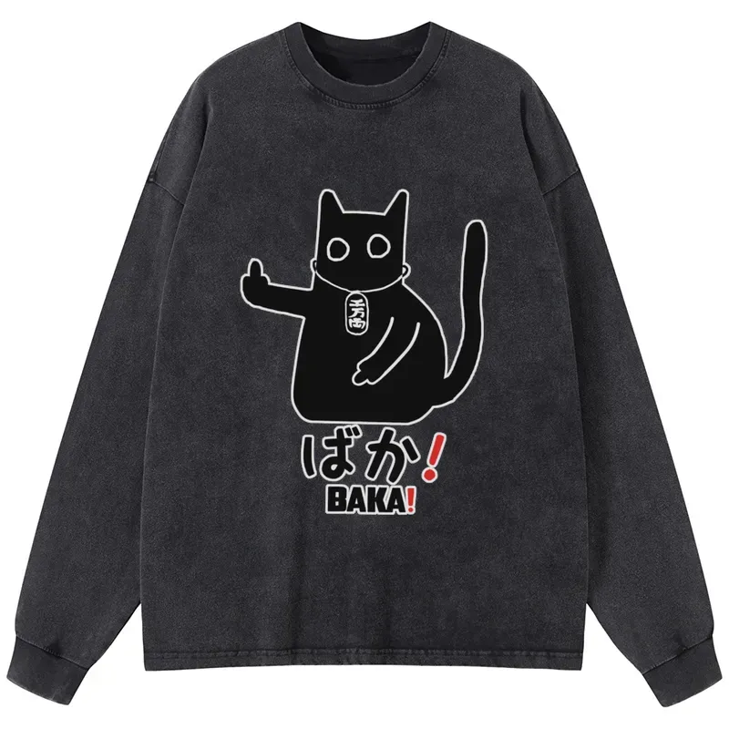 Tokyo-Tiger Japanese Baka Cat Washed Long Sleeve T-Shirt