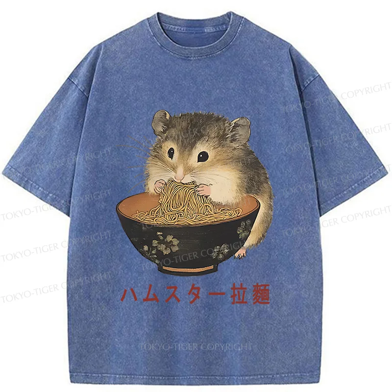 Tokyo-Tiger Hamster Eating Ramen Washed T-Shirt