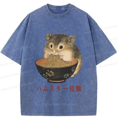 Tokyo-Tiger Hamster Eating Ramen Washed T-Shirt