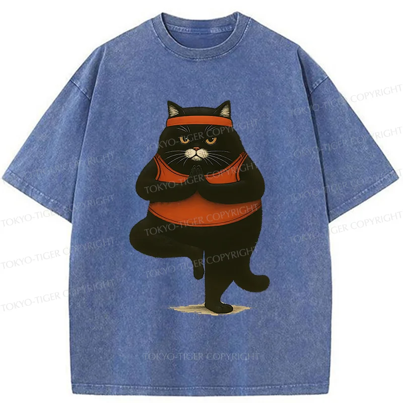 Tokyo-Tiger Black Cat Doing Yoga Washed T-Shirt