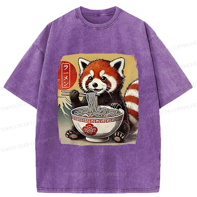 Tokyo-Tiger Cute Raccoon Eating Ramen Washed T-Shirt