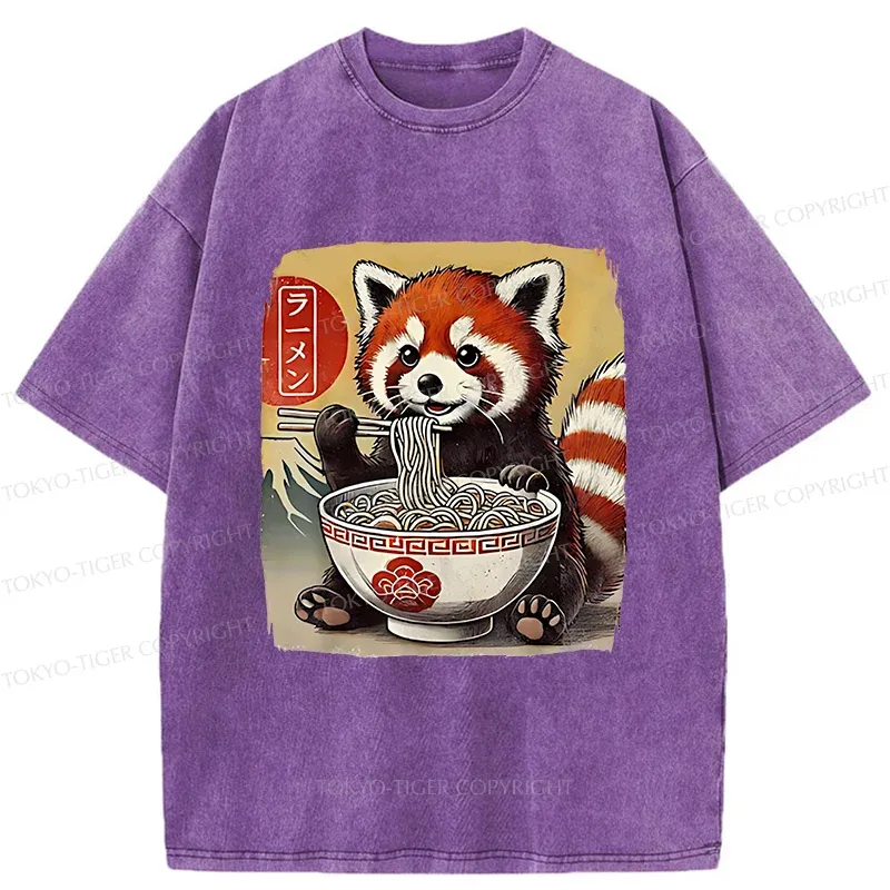 Tokyo-Tiger Cute Raccoon Eating Ramen Washed T-Shirt