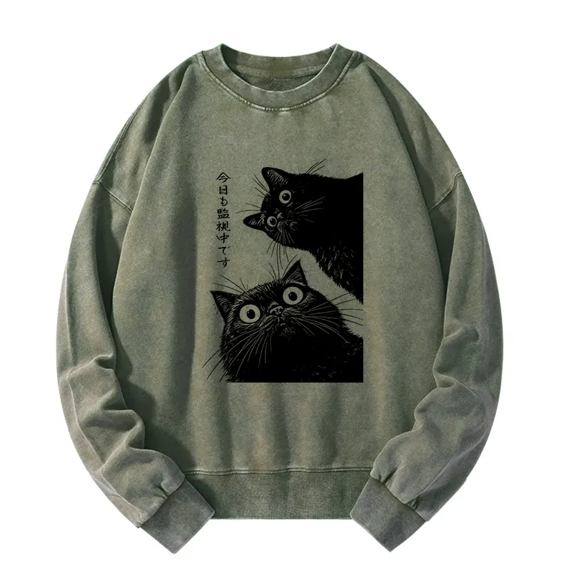 Tokyo-Tiger The Cat Is Watching Today Washed Sweatshirt