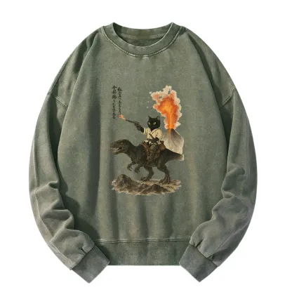 Tokyo-Tiger Cat Riding A Dinosaur Washed Sweatshirt