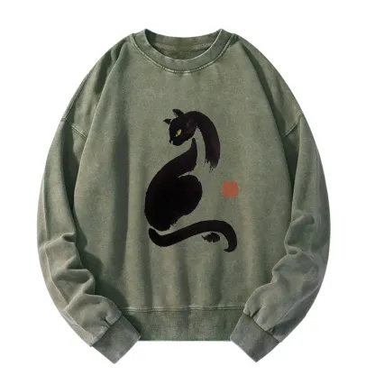 Tokyo-Tiger Elegant Black Cat Japan Washed Sweatshirt