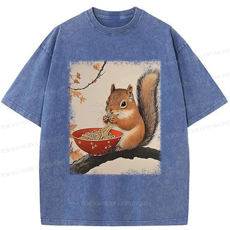 Tokyo-Tiger Squirrel Eating Ramen Washed T-Shirt