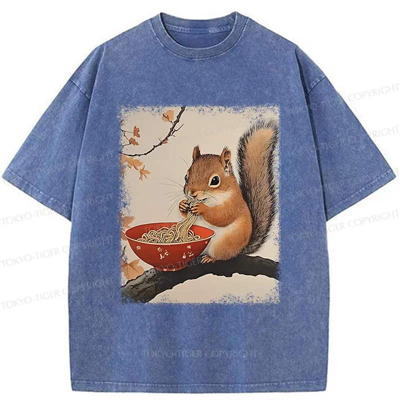 Tokyo-Tiger Squirrel Eating Ramen Washed T-Shirt