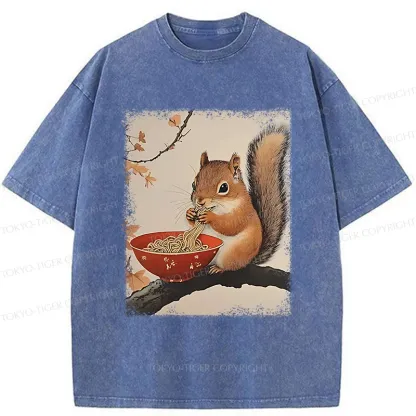Tokyo-Tiger Squirrel Eating Ramen Washed T-Shirt