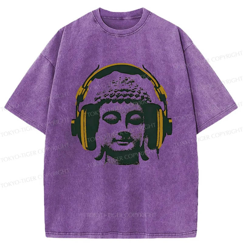 Tokyo-Tiger Buddha Listening To Music Washed T-Shirt