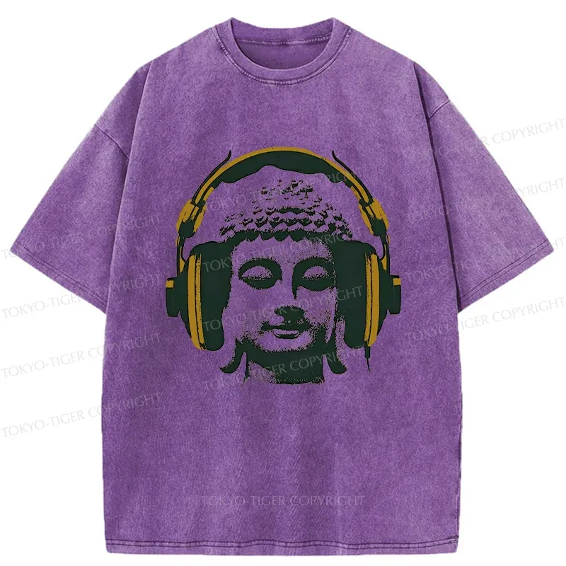 Tokyo-Tiger Buddha Listening To Music Washed T-Shirt