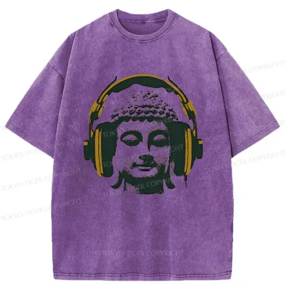 Tokyo-Tiger Buddha Listening To Music Washed T-Shirt