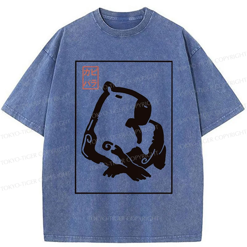 Tokyo-Tiger Woodblock Print Capybara Washed T-Shirt