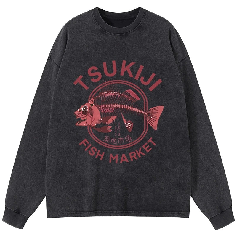 Tokyo-Tiger Tokyo Tsukiji Fish Market Vintage Japan Washed Long Sleeve T-Shirt