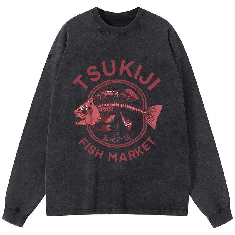 Tokyo-Tiger Tokyo Tsukiji Fish Market Vintage Japan Washed Long Sleeve T-Shirt Sale