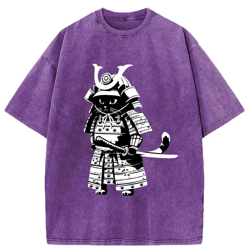 Tokyo-Tiger Japanese Samurai Black Cat Washed T-Shirt