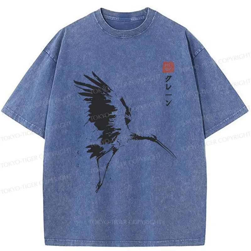 Tokyo-Tiger Japanese Crane Ink Painting Washed T-Shirt
