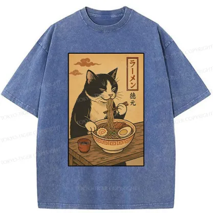 Tokyo-Tiger Tuxedo Cat Eats Ramen Washed T-Shirt