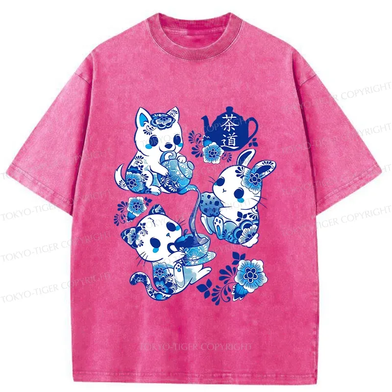 Tokyo-Tiger Blue And White Porcelain Washed T-Shirt
