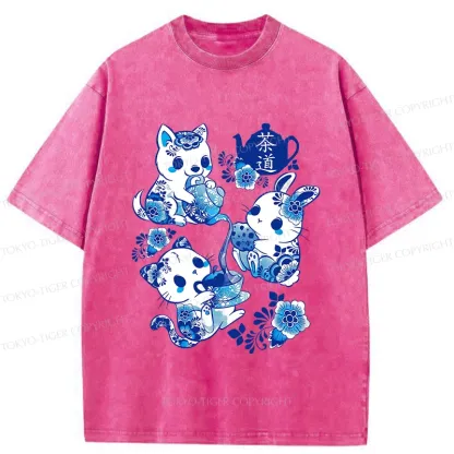 Tokyo-Tiger Blue And White Porcelain Washed T-Shirt