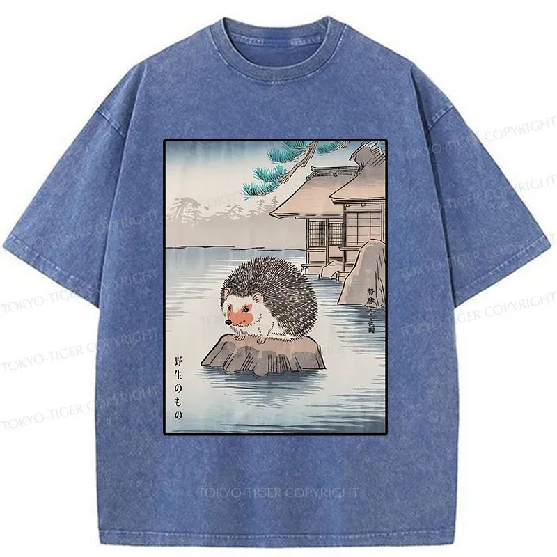 Tokyo-Tiger Hedgehog Taking A Hot Spring Bath Washed T-Shirt