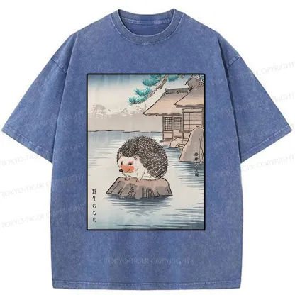 Tokyo-Tiger Hedgehog Taking A Hot Spring Bath Washed T-Shirt