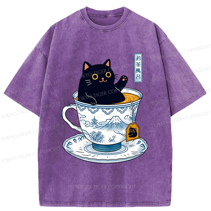 Tokyo-Tiger Cat In Teacup Washed T-Shirt