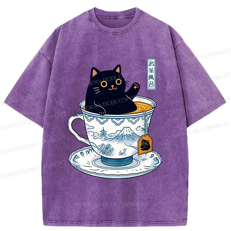 Tokyo-Tiger Cat In Teacup Washed T-Shirt